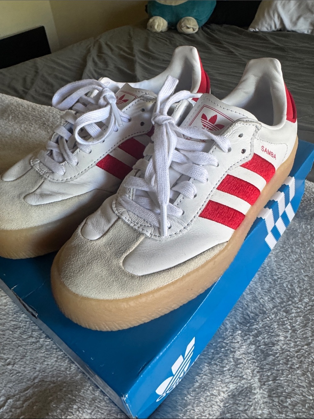 adidas Samba White with Red Stripes and Gum Sole Athletic Shoes
